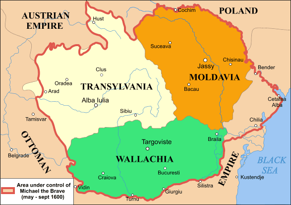 Wallachia, Moldavia and Transylvania are briefly united under Mihai Viteazul (Michael the Brave), prince of Wallachia.