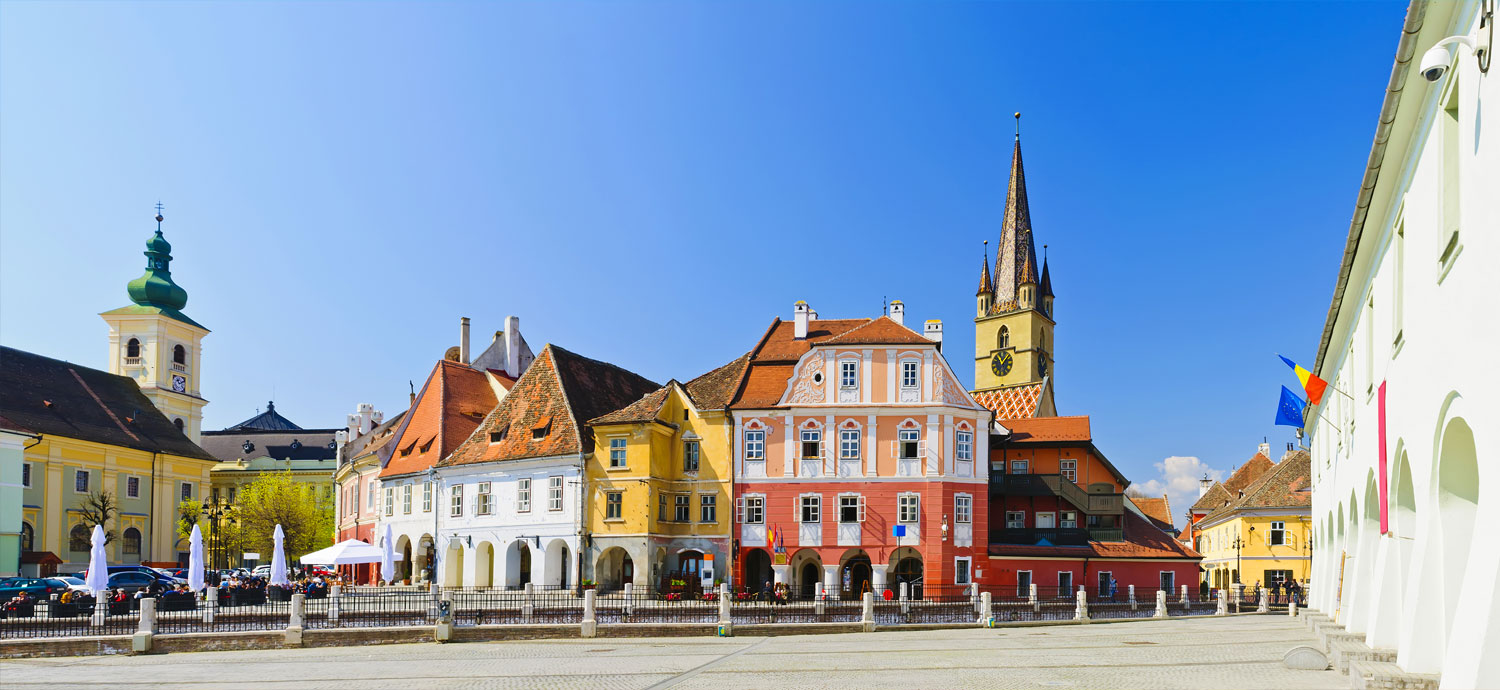 Panoramic view of Sibiu central square in Transylvania, Romania