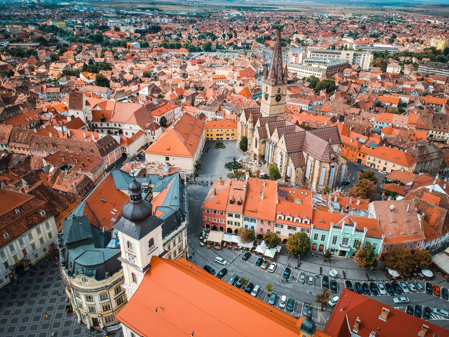 Aerial view of Sibiu old town. The history of Hermannstadt reaches