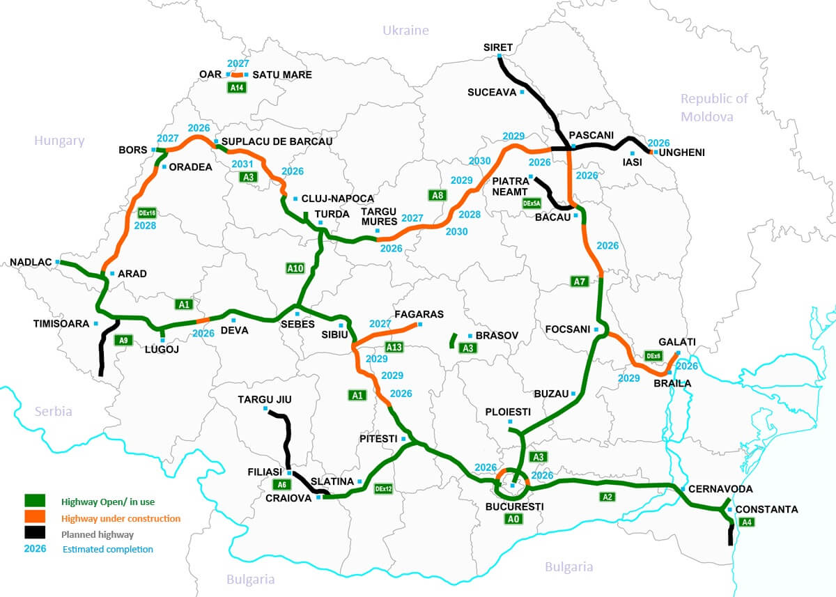 Romania Highways map (Harta Autostrazilor din Romania)
