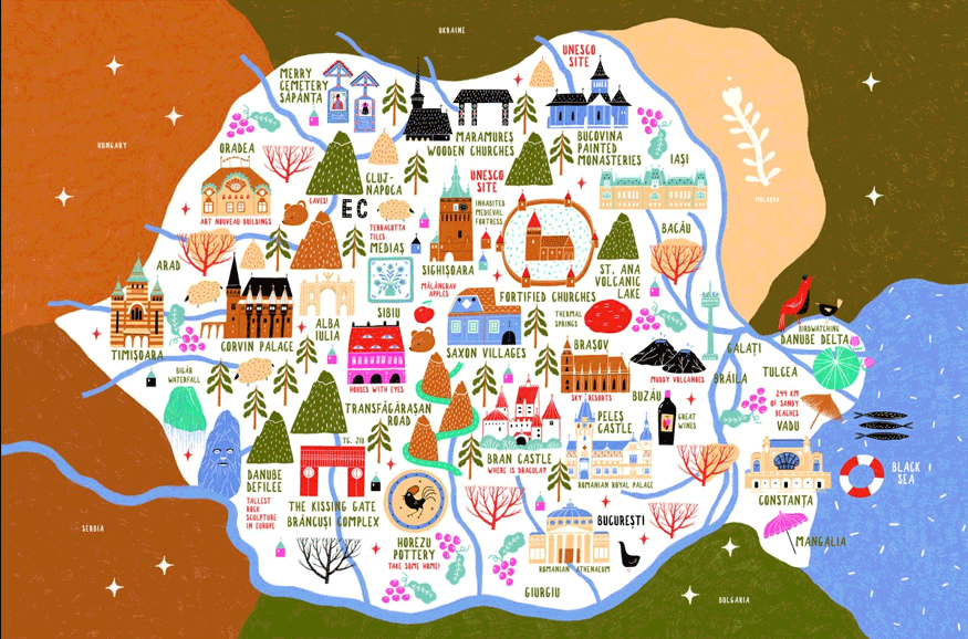 Romania Illustrated Tourist Attractions Map