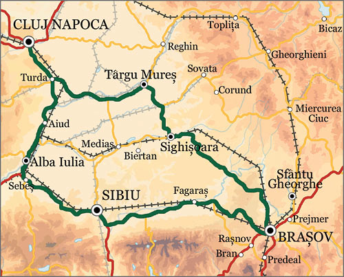 Romania Itinerary Map (Transylvania's 'Siebenburgen': Cluj - Sighisoara - Brasov - Sibiu - Cluj)