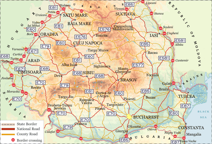 Romania - Main Roads/ Border Crossing Points 
(Harta Rutiera a Romaniei / Puncte de Frontiera)