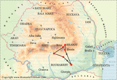 Romania Itinerary Map (Discover Walachia: Bucharest - Targoviste - Curtea de Arges - Brasov - Sinaia - Bucharest)