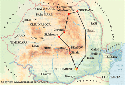 Romania Itinerary Map (Bucharest and the Painted Monasteries: Bucharest - Suceava - Sighisoara - Brasov - Sinaia)