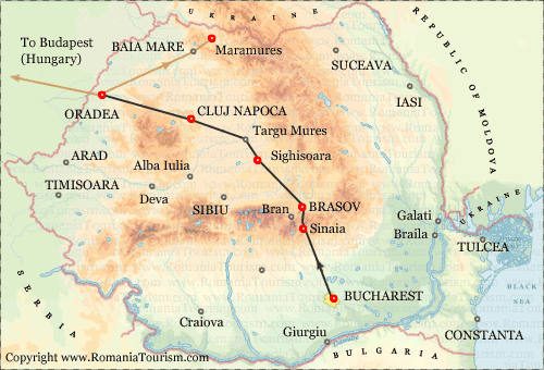Romania Itinerary Map (Bucharest to Budapest (Hungary ): Bucharest - Brasov - Sighisoara - Cluj - Oradea - Budapest )