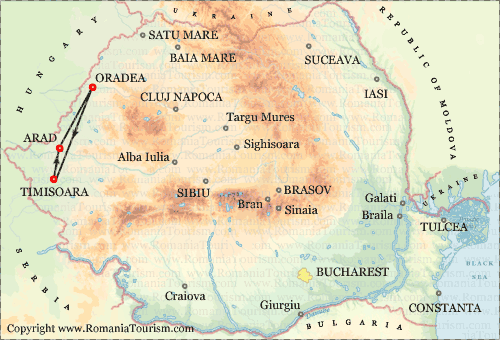 Romania Itinerary Map (Western Romania's Architecture: Timisoara - Arad - Oradea - Timisoara)