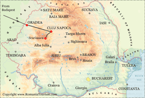 Romania Itinerary Map (Hiking , Caving and Rural Life in Central Romania: Budapest (Hungary) - Cluj - Campeni - Cluj - Oradea - Budapest )