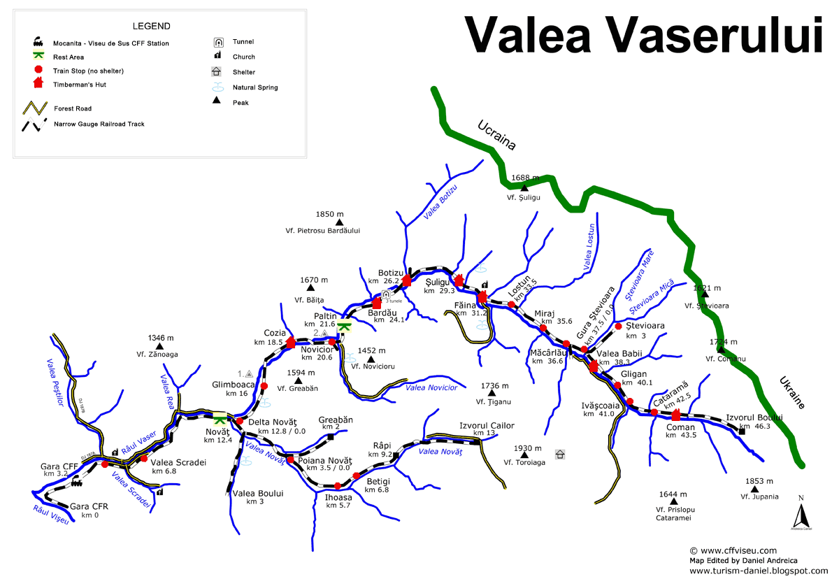 Maramures, Northern Romania - Valea Vaserului Map - Narrow Gauge Steam Train (Mocanita) Map and Route(Valea Vaserului - Harta Traseu Mocanita)